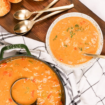 Overhead shot of seafood chowder