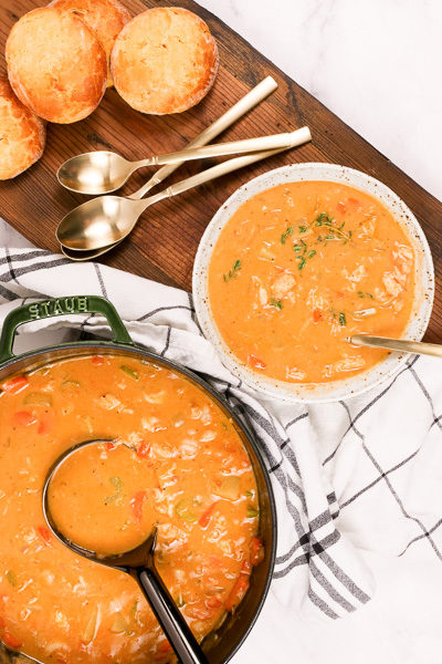 Overhead shot of seafood chowder