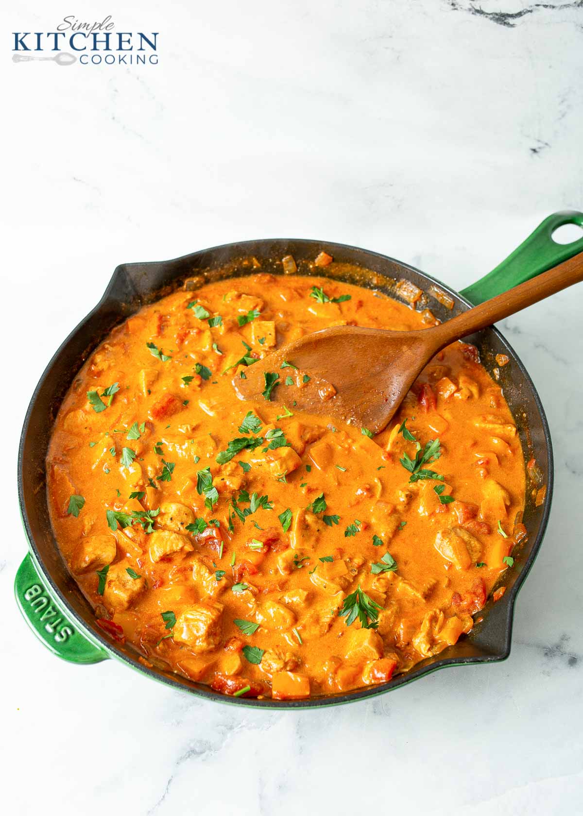 Chicken Paprikash in skillet before serving