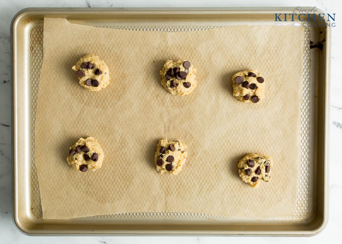 Chocolate Chip Cookie Dough Balls on baking sheet to go into oven
