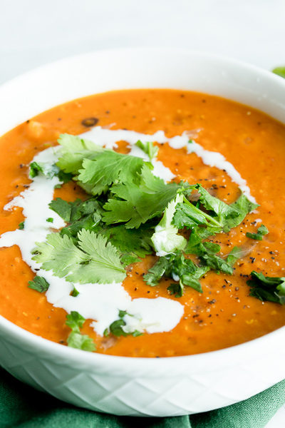 Up close shot of lentil curry soup